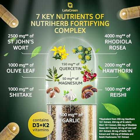 LetaGreen - Cápsulas de Espinheiro-Alvar Orgânico – Extrato de Espinheiro-Alvar 2000mg com Hipérico 2500mg Rhodiola Rosea 4000mg Folha de Oliveira 1000mg Shiitake 1000mg Cogumelo Reishi 1000mg Quercetina