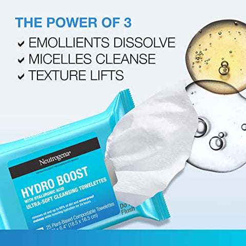 Hydro Boost Lenços de Limpeza Facial com Ácido Hialurônico, Removedor de Maquiagem Hidratante, Remove Impurezas - Neutrogena