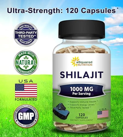 Shilajit 1000mg – 120 Cápsulas – Extrato Puro de Shilajit em Cápsulas e Pó – Humic Natural – 120 Cápsulas - aSquared Nutrition