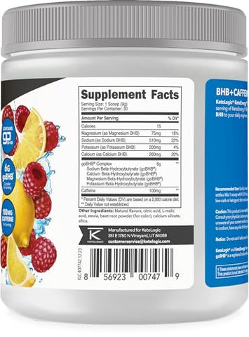 Ketologic - KetoLogic BHB KetoEnergy em Pó de Cetonas Exógenas com Cafeína | Framboesa Limonada – 30 Porções | Suporta Dieta Low Carb, Keto