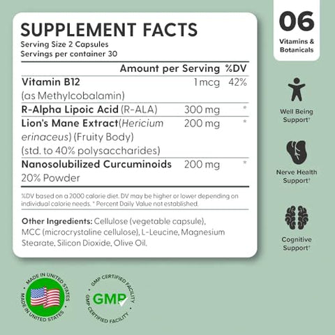 Nerve Prime – Ácido R-Alpha Lipoico, Cogumelo do Leão e Curcumina, Suporte ao Bem-Estar, Função Cognitiva, Proteção Antioxidante, Suprimento de 30 Dias - nooro