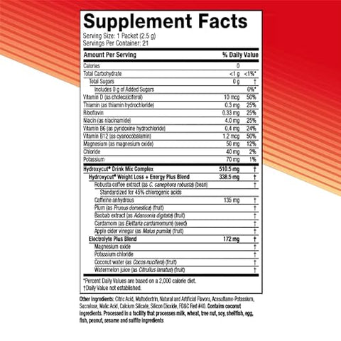 Drink Mix Wildberry Blast – 21 Pacotes de Viagem, Embalagem com 2 – Zero Calorias, Zero Açúcar – Acelera o Metabolismo, Queima Calorias, Aumenta a Energia – para Mulheres - Hydroxycut