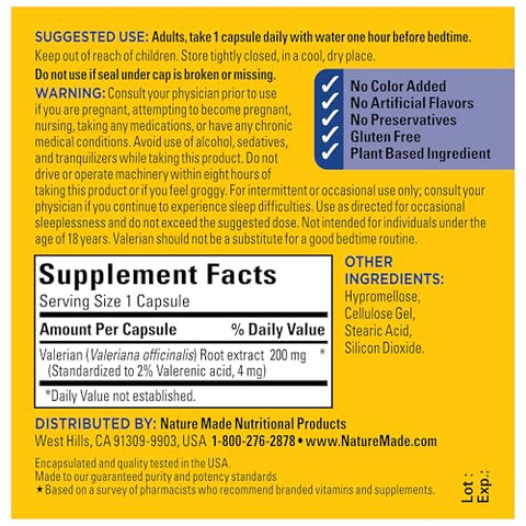 Raiz de Valeriana para Suporte ao Sono, Auxílio para Dormir sem Melatonina para Adultos, 30 Cápsulas de Raiz de Valeriana, Suprimento de 30 Dias - Nature Made