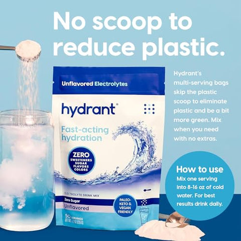 Bulk Eletrólitos sem Sabor, Hidratação Rápida sem Açúcar, Sabor Extremamente Sutil, Mistura de Bebida Eletrólitos (50 Porções, sem Sabor) - HYDRANT