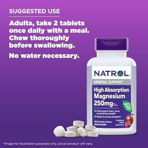 Magnésio de Alta Absorção 250 mg, Suplemento para Apoiar a Saúde do Coração, Nervos, Músculos e Ossos, 60 Comprimidos Mastigáveis com Sabor de Cranberry Apple, Fornecimento de 30 Dias - Natrol