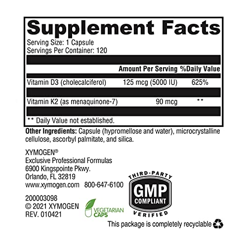 K2-D3 5000 – Vitamina D3 K2 – Vitamina D 5000 UI (Colecalciferol) com Vitamina K2 MK-7 – Saúde do Coração, Arterial e Óssea – Suporte Imunológico (120 Cápsulas) - XYMOGEN