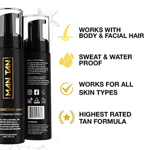 Man Tan - MAN TAN Kit Inicial Bronzeador Sem Sol Para Homens | AMINOTAN – A Melhor Espuma Autobronzeadora Transparente Para Homens Funciona Com Cabelo à Prova de Suor (Luva)