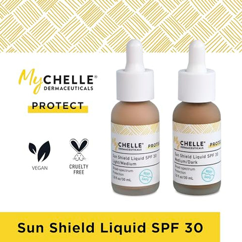 Protetor Solar Tonalizante MyChelle Dermaceuticals Sun Shield Liquid SPF 30 Light/Medium 30ml – Base Leve com Argila Bentonita Absorvente de Óleo – Use como Maquiagem ou Base Sheer