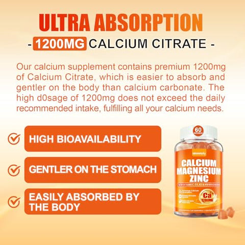 Maennyliy - Calcium 1200 mg com Vitamina D3 Gummies para Adultos – Citrato de Cálcio com Vitamina D3 K2, Magnésio, Zinco, Boro, Cobre e Ashwagandha – Suplemento de Cálcio de Absorção Extra para
