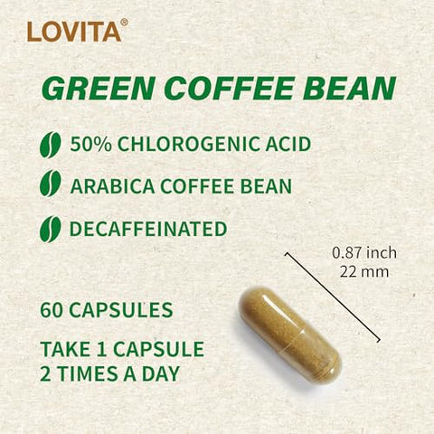 Green Coffee Bean Extract: Antioxidante Natural, Alta Potência – 1600mg Equivalente, 50%% Ácido Clorogênico, Suplemento Alimentar Vegano – 60 Cápsulas - Lovita