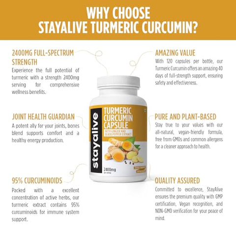 STAY ALIVE - StayAlive Cápsulas de Cúrcuma 2400mg, 95%% Curcuminoides c/Gengibre | Turmeric 2400mg, 95%% Curcuminoides c/Gengibre | StayAlive