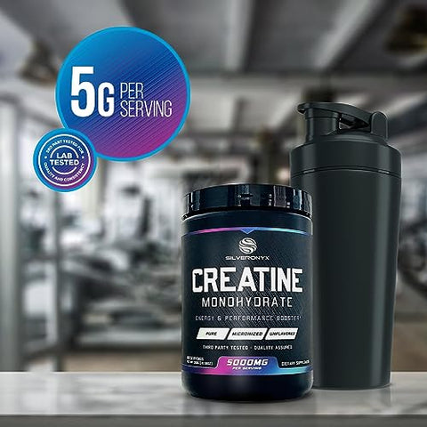 SILVERONYX - Creatina Monohidratada em Pó Micronizada 5000mg – Suplemento de Creatina Pura 100%, Creatina Monohidratada em Pó 5g, Suporte para Construção Muscular, Suplemento de Creatina Mono, Keto