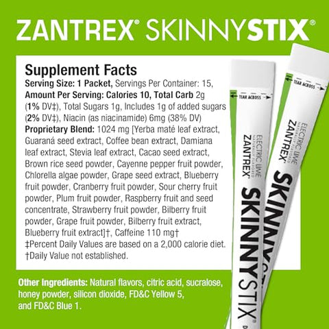 SkinnyStix – Pó Energético com Suporte GLP-1, Aumenta o Humor – 10 Calorias – Yerba Mate, Café – 15 Stix, Limão - Zantrex