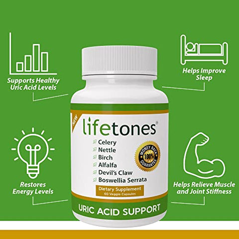Life Tones - Lifetones Suporte ao Ácido Úrico – Limpeza Herbal das Articulações para Homens e Mulheres – Remédio Natural, Aumento da Flexibilidade – Livre de Transgênicos, Sem Glúten – 60 Vitaminas Veganas