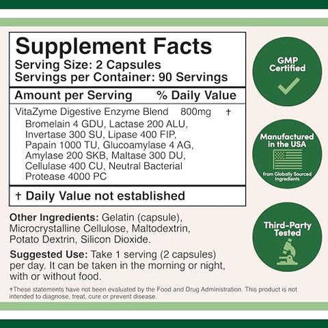 Double Wood Supplements - Enzimas Digestivas – Mistura de 800mg com os 10 Enzimas Digestivas e Pancreáticas Mais Essenciais (Amilase, Lipase, Bromelina, Lactase, Papaína, Protease, Celulase, Maltase, Invertase)