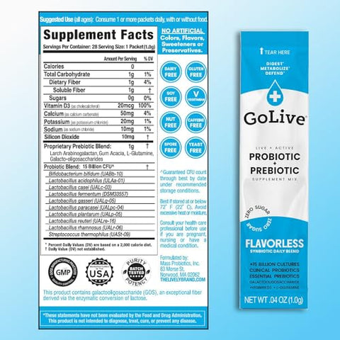 GoLive - GoLIVE PROBIOTIC PREBIOTIC SYNBIOTIC POWDER BLEND, Sem Sabor/Açúcar, para Mulheres e Homens – Fórmula em Pó, Sem Sabor/Açúcar, para Equilíbrio Intestinal – Marca GoLIVE
