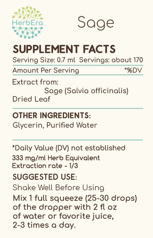HerbEra - Sage B120 Extrato Herbal Sem Álcool, Gotas Líquidas Concentradas de Sálvia Natural (Salvia officinalis) Folha Seca (118 ml)