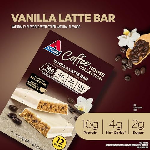 Coffee House Collection Barra Vanilla Latte – 16g Proteína, 2g Açúcar, 4g Carboidratos Líquidos, 13g Fibra – 12 Unidades - Atkins