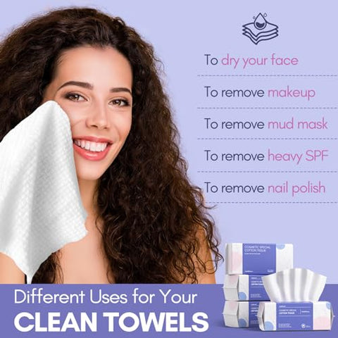 Toalhas de Limpeza Facial Descartáveis de Algodão PoeticEHome – Extra Espessas e Biodegradáveis – 4 Pacotes