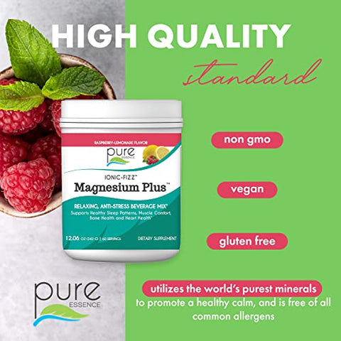 PURE ESSENCE LABS - Pure Essence Labs Ionic Fizz Magnesium Plus – Pó para Bebida Anti-Stress, Sabor Framboesa Limonada, 340g