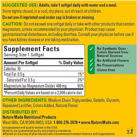 Magnésio 400 mg Óxido Extra Forte 180 cápsulas, 180 dias de suprimento – 1 cápsula diária com água e uma refeição – Guia de Suplementos incluso - Nature Made