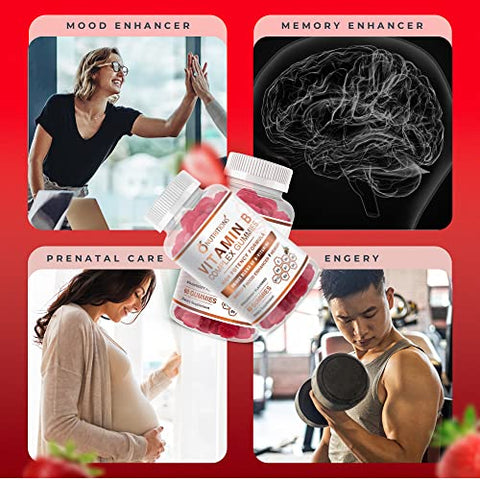 Gomas Veganas de Complexo de Vitaminas B com Vitamina B12, B7 como Biotina, B6, B3 como Niacina, B5, B8, B9 como Ácido Fólico para Estresse, Energia e Sistema Imunológico Saudável (1 Pacote) - O NUTRITIONS