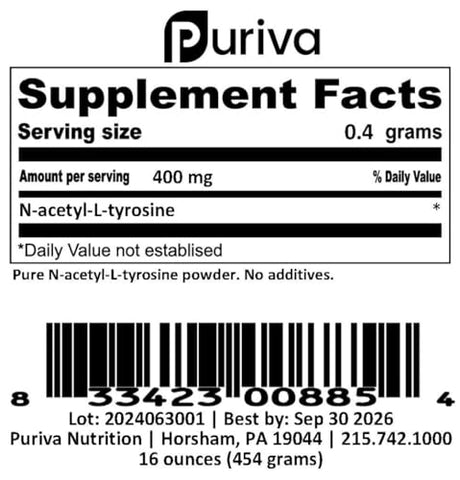 Puriva Nutrition - Pó de N-Acetil L-Tirosina, 454g,