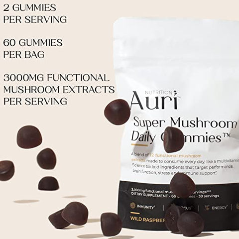 Super Mushroom Gummies – Suplemento Diário de Cogumelos em Goma – Mistura de 12 Cogumelos com Chaga, Lions Mane, Reishi, Cordyceps – 60 Gummies - Auri