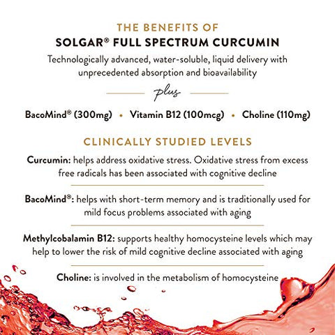 SOLGAR - Solgar Full Spectrum Curcumin Brain Works – Suporte à Memória, Foco e Função Cognitiva – Antioxidante com Curcumina, BacoMind, Colina e Vitamina B12 – 90 Licaps