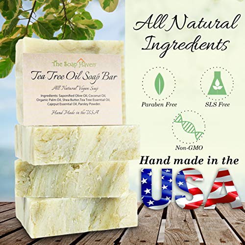 The Soap Haven - Sabonete de Tea Tree – 4 Barras de Sabonete de Óleo de Tea Tree Natural para Rosto, Mãos, Pés e Corpo – Combate Manchas, Coceira e Odor Corporal. 4 Barras Grandes de 130g, Feitas à Mão nos EUA com Ingredientes Não-OGM