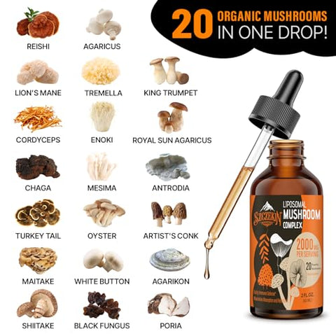 SZCZEKIN - Gotas Complexas de Cogumelo Lipossomal 2000 MG – 20 Extratos Orgânicos de Cogumelos – Fórmula Líquida Avançada para Imunidade, Cognição e Memória – Suplemento de Cogumelo do Leão, Reishi, Cordyceps
