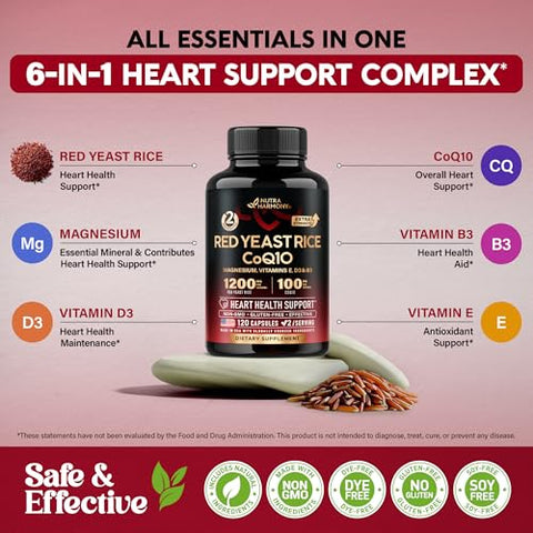 NUTRAHARMONY - Red Yeast Rice 1200 mg com CoQ10 100 mg – com Magnésio | Niacina | Vitamina E | 1200 mg de Arroz de Levedura Vermelha com 100 mg de CoQ10 – com Magnésio, Niacina e Vitamina E