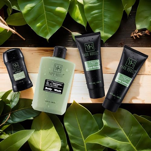 Yard House - Conjunto de Presente de Banho e Corpo de Luxo para Homens – Kit de Cuidados com a Pele em Eucalipto e Hortelã – Ideias de Presentes para o Dia dos Pais, Aniversário e Natal para Homens – Conjunto de 7 Peças com Itens em Tamanho Real em Couro