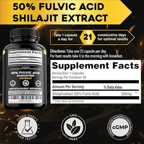 VITALPHA - Shilajit Resina Natural – Cápsulas Potentes (50% Ácido Fúlvico) – Shilajit Puro do Himalaia Orgânico Feito nos EUA – 85 Minerais Traços Shilajit para Homens – Suplemento Puro de Shilajit – 60