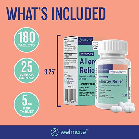 Genérico Xyzal Levocetirizina Dicloridrato 5mg | Não Sonolento | Ação Rápida | Suporte 24h | Coriza, Olhos Lacrimejantes, Espirros | Antialérgico | Alergia - WELMATE