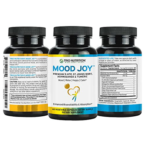 TRIO NUTRITION - Trio Mood Joy | Premium 5-HTP, Erva de São João, Ashwagandha | 60 cápsulas | 100% natural