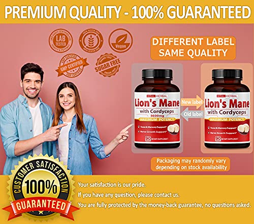 ASTART - VITAL HERBAL Cápsulas de Cogumelo do Leão com Cordyceps Equivalente a 5030mg – Máxima Potência Suplemento Cerebral L-Theanine Ashwagandha para Foco Memória Energia Humor Suporte 90