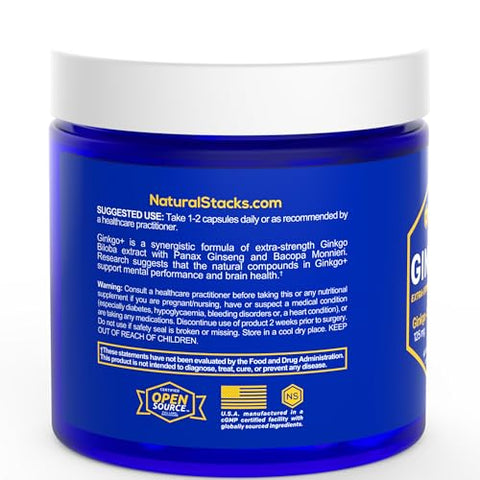 Suplemento de Ginkgo Biloba com Panax Ginseng e Bacopa Monnieri – Foco e Desempenho Mental – Cápsulas de Ginkgo Biloba para Adultos – 60 Cápsulas - NATURAL STACKS