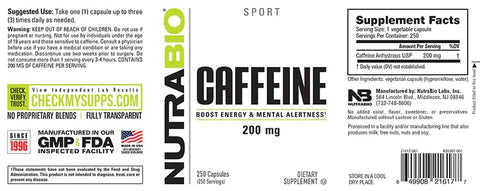 Cápsulas de Cafeína Pura 100%% (250 Cápsulas) – Energia Natural - NutraBio