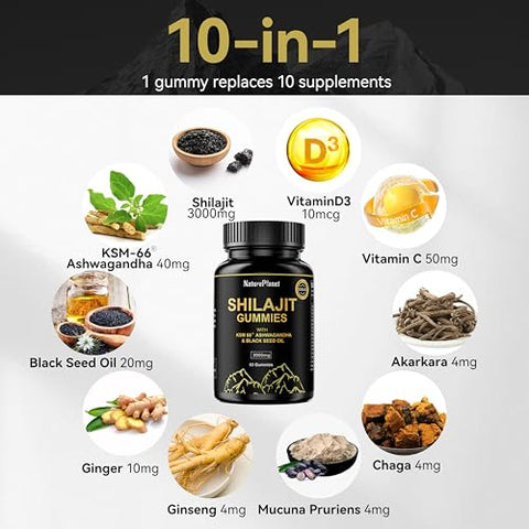 NaturePlanet - 3000 MG Gomas de Shilajit, Extrato Puro de Shilajit Himalaia Orgânico com 85 Minerais Traços para Energia
