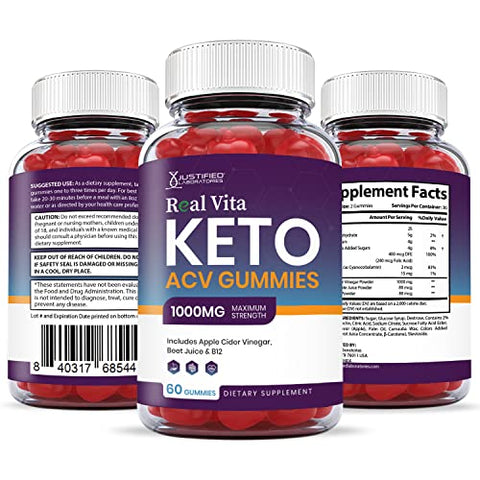 Justified Laboratories - (2 Pacotes) Real Vita Keto ACV Gummies 1000MG com Suco de Romã, Beterraba e Vitamina B12 – 120 Gomas