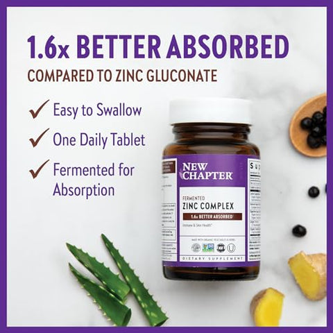 New Chapter - Novo Capítulo Suplemento de Zinco, Complexo de Zinco Fermentado, Diário para Suporte Imunológico e Saúde da Pele, Ingredientes Não-OGM, Fácil de Engolir