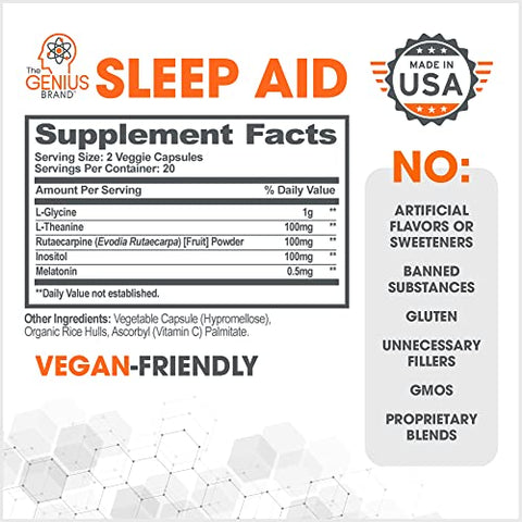 The Genius Brand - Genius Sleep AID – Pílulas Inteligentes para Dormir – Potencializador de Relaxamento e Suporte ao Humor com Inositol e L-Theanine