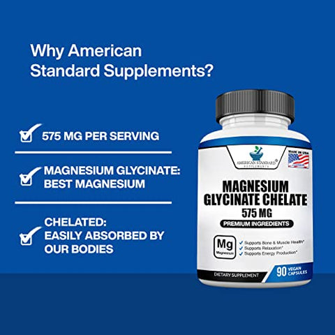 Magnesium Glycinate 575mg por Porção, 90 Cápsulas Vegetais, Suplemento de Magnésio para os Ossos - American Standard Supplements