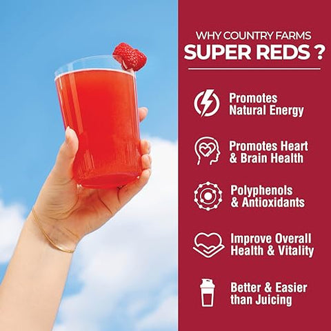 Super Reds: Energizante Superfood de Polifenóis, Mais de 40 Frutas e Bagas Super Poderosas, Antioxidantes e Polifenóis Potentes, Suporta Energia e Circulação, 40g - COUNTRY FARMS