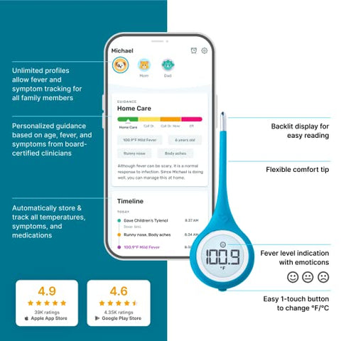 Termômetro Digital Kinsa Smart para Bebês, Crianças e Adultos – Leitura Rápida e Precisa de Temperatura Oral, Axilar ou Retal – Aprovado pela FDA – QuickCare
