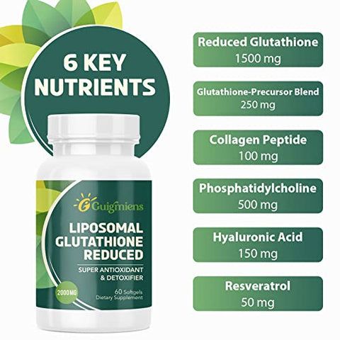 Guigmiens - Liposomal Glutationa 2000 MG, Absorção 10x Melhor, Suplemento com Ácido Hialurônico Colágeno Peptídeo Resveratrol, Poderoso Antioxidante, Envelhecimento Saudável, Imunidade