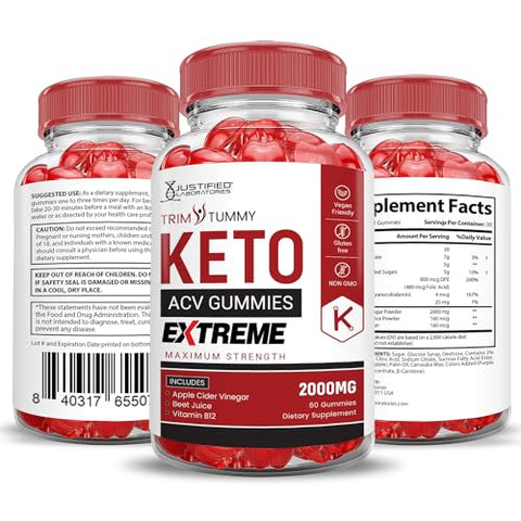 Justified Laboratories - Trim Tummy Keto Gummies Extreme 2000MG ACV – Gomas de Vinagre de Maçã com Romã e Beterraba – B12 Vegano Não GMO 60 Gomas