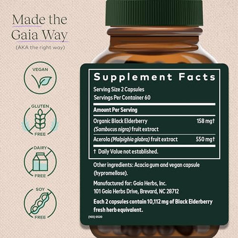 Black Elderberry – Suporte Diário ao Sistema Imunológico com Frutas de Sabugueiro Negro e Acerola para Suporte Antioxidante – 120 Cápsulas Veganas - Gaia Herbs