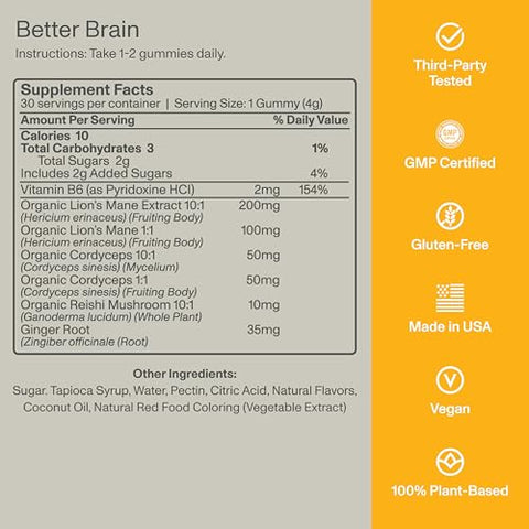Gomas de Cogumelo do Leão para Função Cerebral, Foco, Memória, Energia, Impulso Imunológico, Resistência – Complexo de Cogumelo Leão do Mane, Reishi, Cordyceps – 60 gomas - FOCL